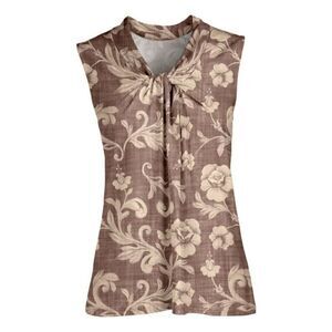 Brown & Beige Floral Twist-Front Sleeveless Top M #1949-D4